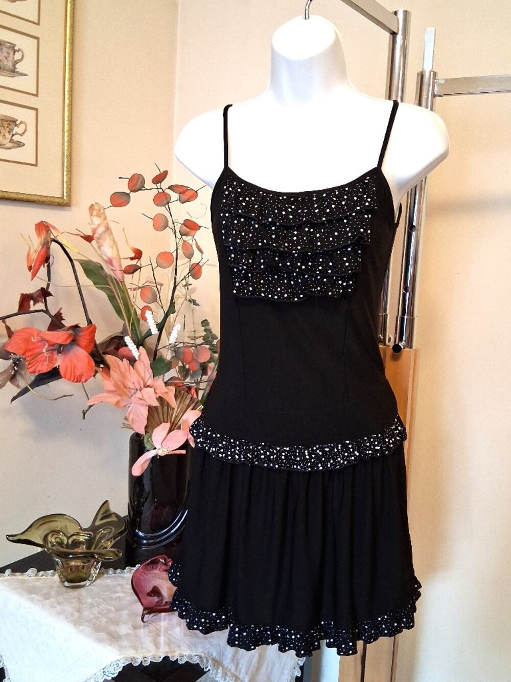 Ruffle Pleated Spaghetti Strap Black Mini Dresses Women’s Stretch Sundress 6